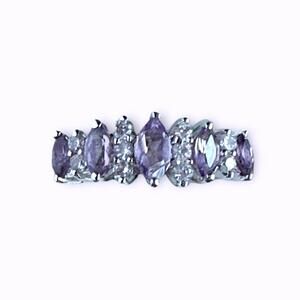 Purple Stone Ring w/CZ Accents Silver Tone Classic Marquise, Size 8